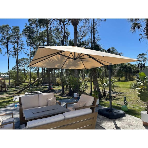 10 ft. Square Aluminum Outdoor Patio Cantilever Umbrella Offset 360° Rotation Umbrella with Base, Beige