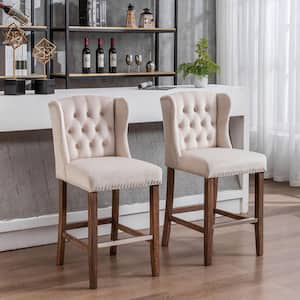 Beige Upholstered Bar Stools with Wingback and Nailhead-Trim & Tufted Back, Wood Legs, Set of 2