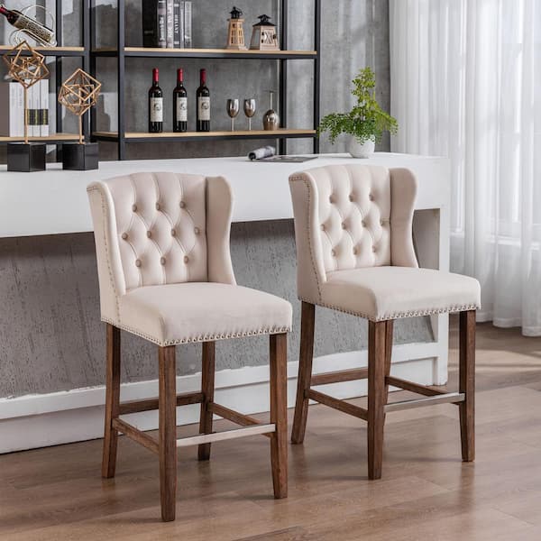 GOJANE Beige Upholstered Bar Stools with Wingback and Nailhead-Trim & Tufted Back, Wood Legs, Set of 2