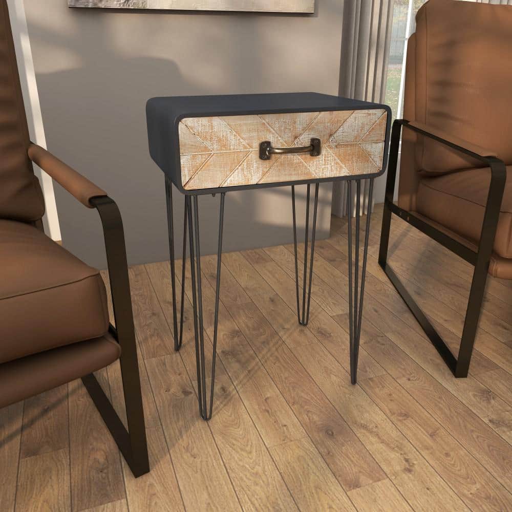 Black and Beige Metal Wood Accent Table with Drawer
