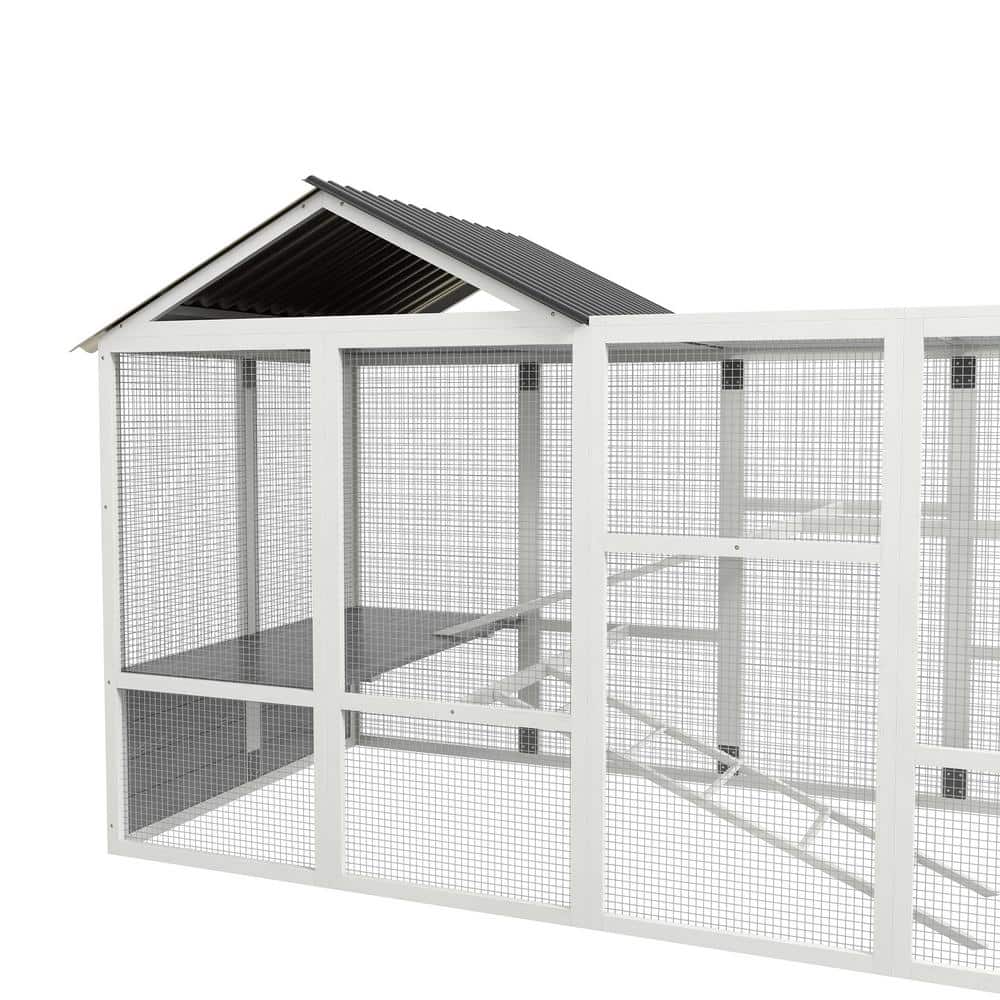 Gray Fir Wood Chicken Coop Run with Perches and Storage
