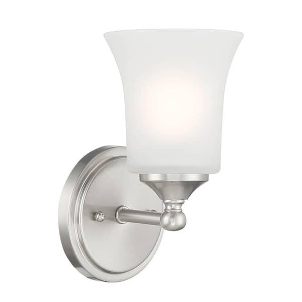 Bronson 5.25 in. 1-Light Brushed Nickel Glam Wall Sconce with Etched Glass Shade