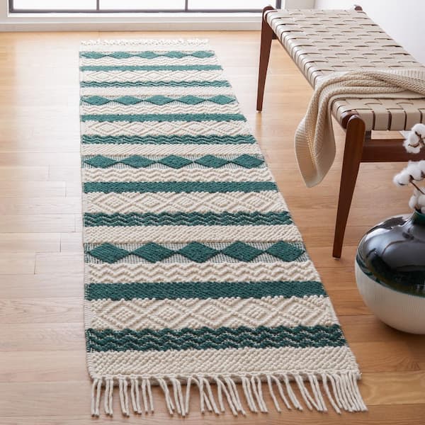 Natura 2 ft. x 9 ft. Ivory/Green Diamond Striped Runner Rug