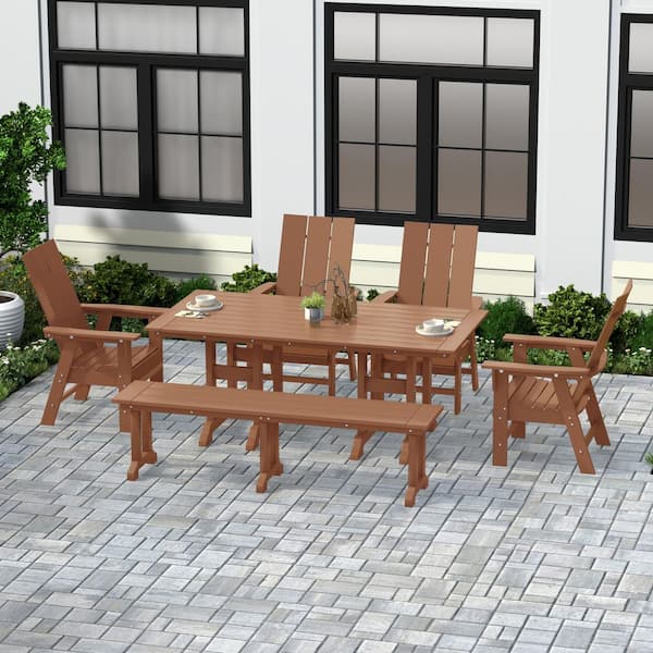 Shoreside Outdoor Patio Weather Resistant Teak 6-Piece HDPE Plastic Adirondack Dining Set with Bench