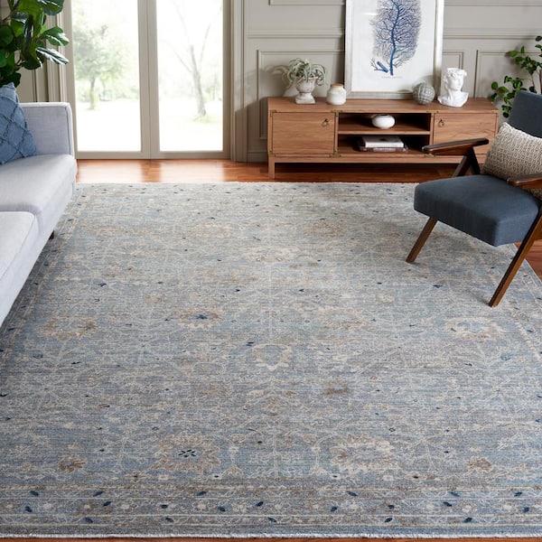 Antique Patina 10 ft. x 13 ft. Blue/Ivory Border Floral Area Rug