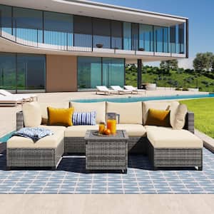 7-Piece Wicker Patio Conversation Set with Beige Cushions and Coffee Table