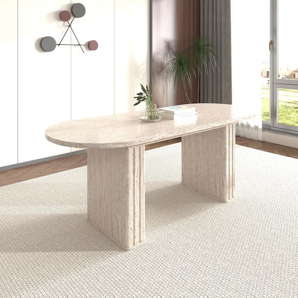 Boyel Living Beige Wood 78.74 in. Double Pedestal Base Dining