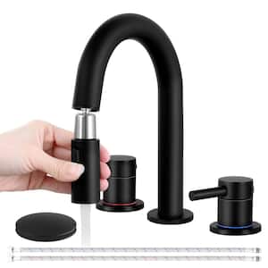 Black Bathroom Faucet with Pull Out Sprayer 3 Holes 8 in. 2 Handle, Vanity Faucet with Pop-Up Drain and Supply Hoses