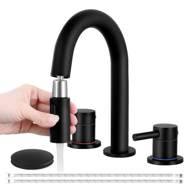AKLFGN Black Bathroom Faucet with Pull Out Sprayer 3 Holes 8 in. 2 Handle, Vanity Faucet with Pop-Up Drain and Supply Hoses