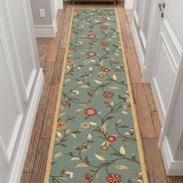 Homeline Non-Slip Rubberback 3 ft. x 43 ft. Floral Indoor Runner Rug, Dark Seafoam Green