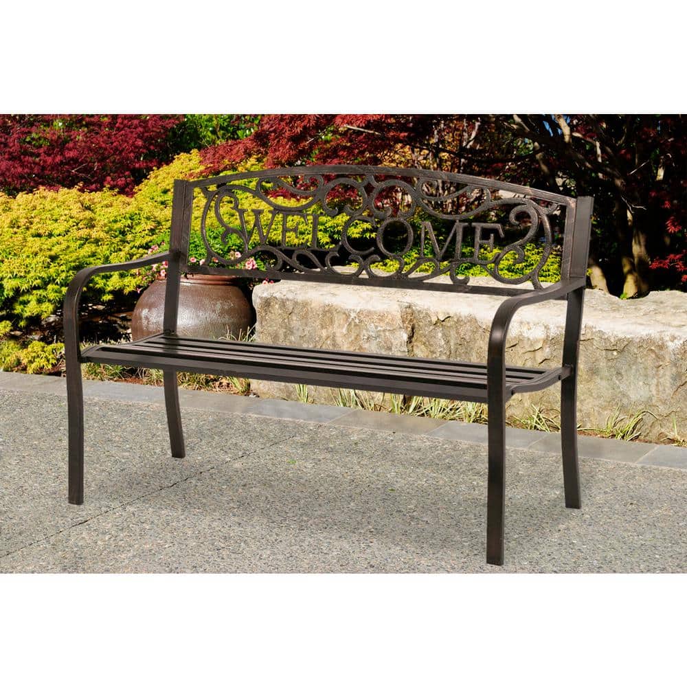 Bronze Metal Outdoor Garden Bench with Backrest and Armrests