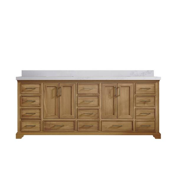 Willow Collections Charlotte Teak 84 in. W x 22 in. D x 36 in. H Double Sink Bath Vanity in Premium Polish with 2 in. Calacatta Nuvo Top