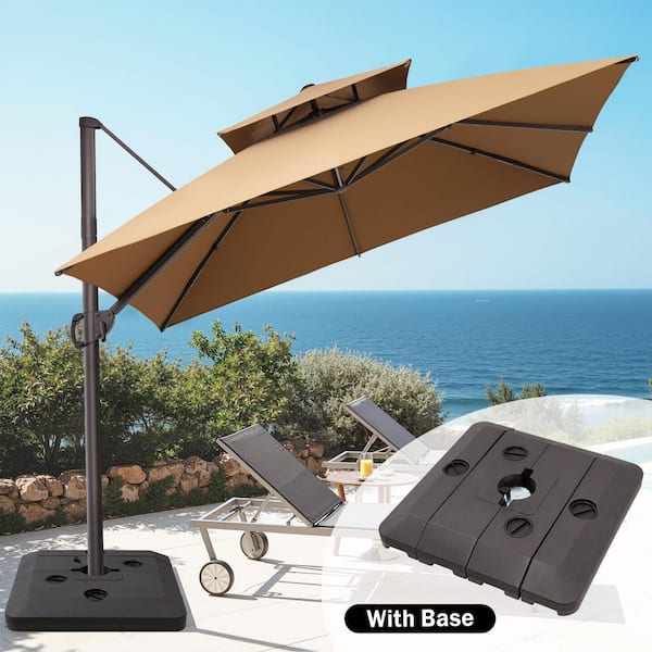 10 ft. x 10 ft. 360 ° Rotation Rectangular Cantilever Patio Umbrella in Tan with 240 lbs. Base Stand
