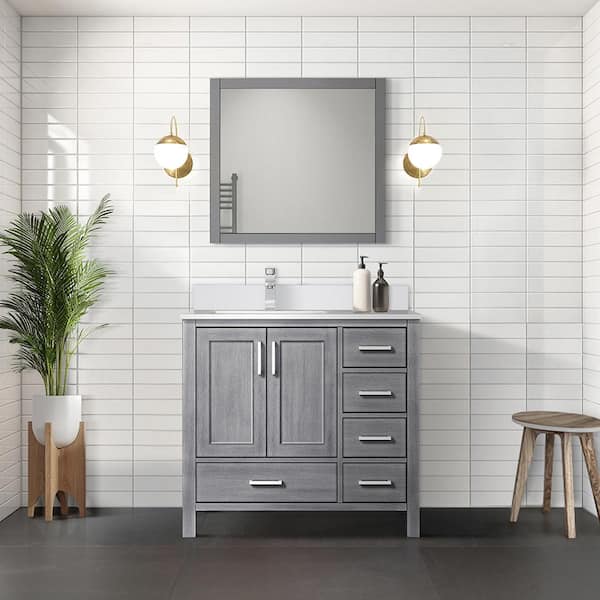 Lexora Jacques 36 in. W x 22 in. D Left Offset Distressed Grey Bath Vanity and White Quartz Top