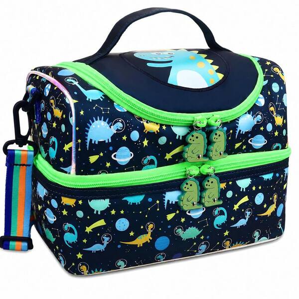 Dark Blue Dinosaur Kids Lunch Bag Double Decker Insulated Leak Resistant Lunch Box for School Daycare