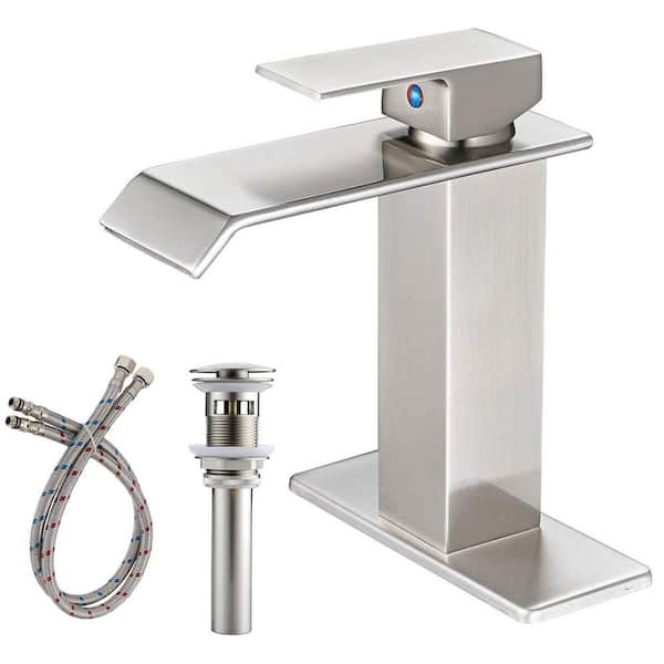 Single Handle Single Hole Bathroom Faucet with Deckplate and drain Included in Spot Defense Brushed Nickel