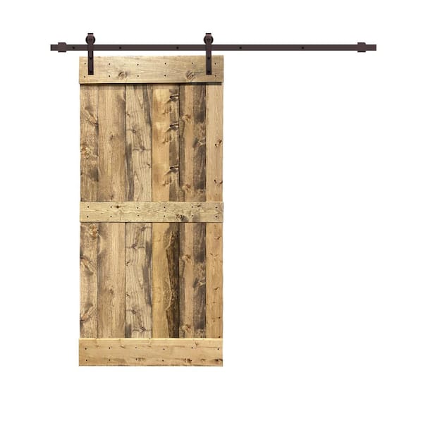 CALHOME Mid-Bar Series 36 in. x 84 in. Solid Weather Oak Stained Pine Wood Interior Sliding Barn Door with Hardware Kit