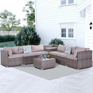 Brown 8-Piece Wicker Patio Outdoor Sectional Furniture Set with Gray Cushions