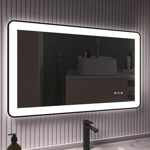 TOOLKISS 40 in. W x 24 in. H Rectangular Framed LED Anti-Fog Wall Bathroom Vanity Mirror in Black with Backlit and Front Light