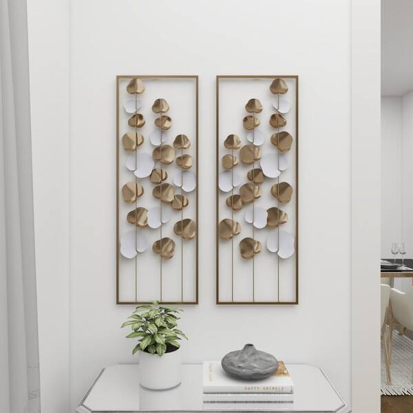 Metal Leaf Tall Cut-Out Wall Decor with Gold Frame, cheapest Set of 2 12