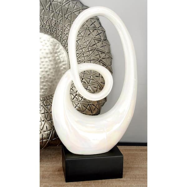 5 in. x 21 in. White Ceramic Swirl Abstract Sculpture with Black Base