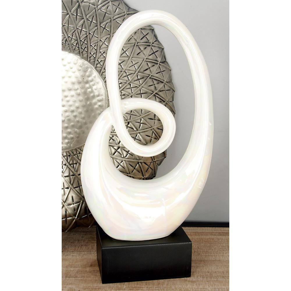 21" White Ceramic Swirl Abstract Sculpture with Black Base