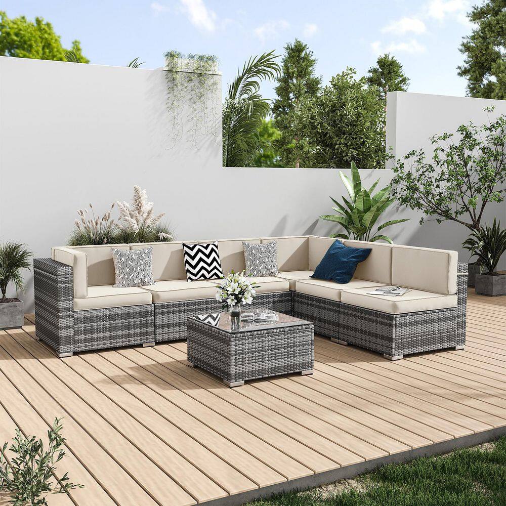 7 Seat 6-Piece Wicker Outdoor Patio Conversation Sectional Deep Seating Sofa Set with Cream Cushions, Coffee Table price history on PriceWatchPro