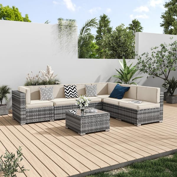 ELPOSUN 7 Seat 6-Piece Wicker Outdoor Patio Conversation Sectional Deep Seating Sofa Set with Cream Cushions, Coffee Table