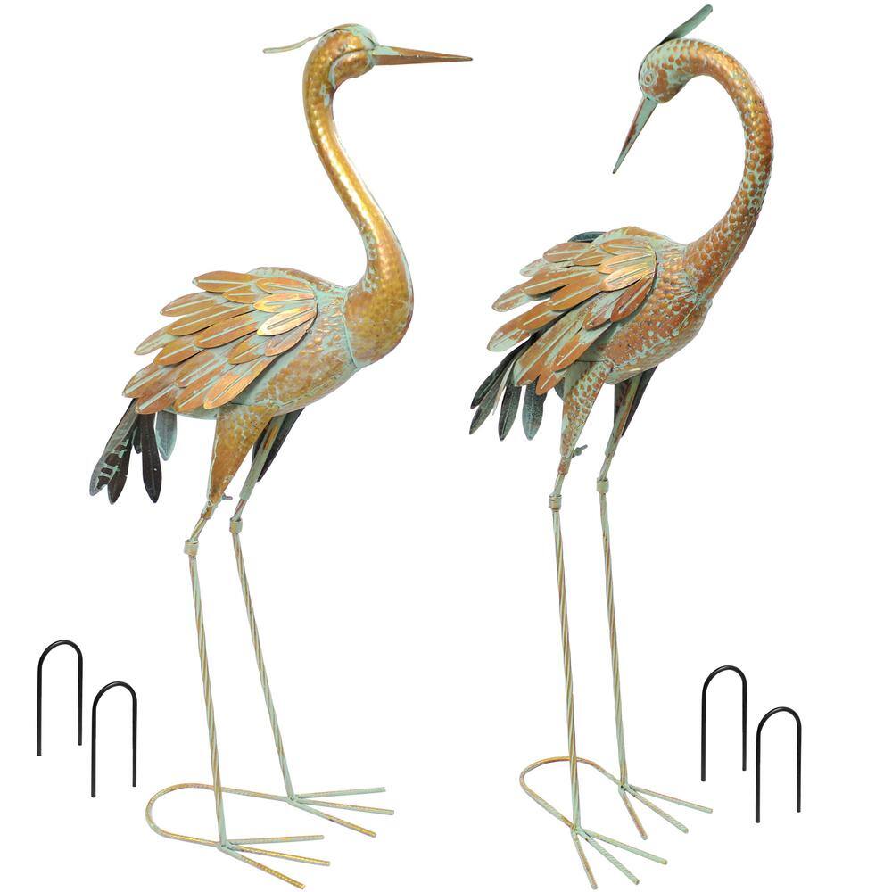 Golden and Blue Iron Crane Garden Statue Set, 40-inch