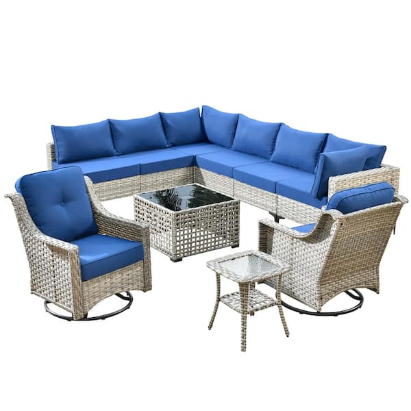 Howell 10-Piece Wicker Outdoor Patio Conversation Sofa Furniture Set with Swivel Rocking Chairs and Navy Blue Cushions