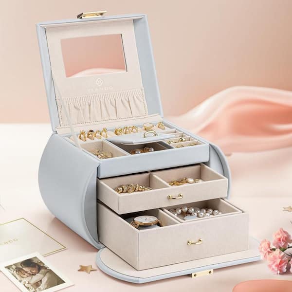Princess Style 3-Layer Jewelry Box with Mirror, Smog Blue JOCHQ
