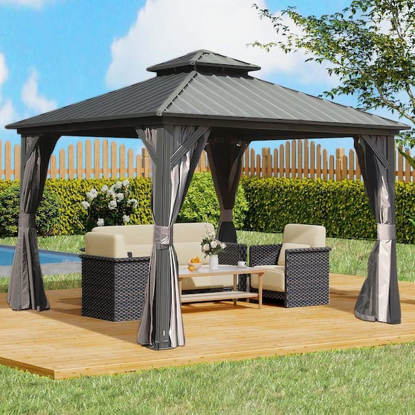 8 ft. x 8 ft. Gray Hardtop Gazebo, Aluminum Metal Gazebo with Galvanized Steel Double Roof Canopy, Curtain and Netting