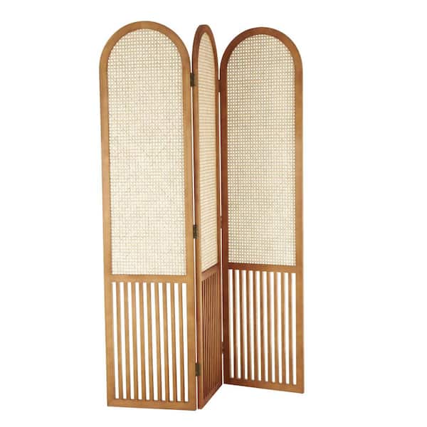 Litton Lane 6 ft. Brown 3 Panel Arched Room Divider Screen with Slatted Wood Base and Tan Rattan Panels