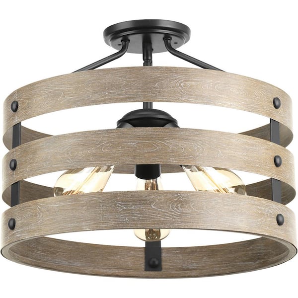 Gulliver 17 in. 3-Light Graphite Coastal Semi-Flush Ceiling Mount or Hanging Light with Weathered Driftwood Frame