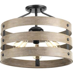 Gulliver 17 in. 3-Light Graphite Farmhouse Semi-Flush Ceiling Mount or Hanging Light with Weathered Driftwood Frame