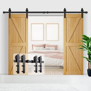 96 in. Matte Black I-Shaped Sliding Double Barn Door Kit with Floor Guides
