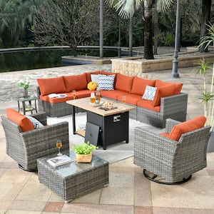 Daffodil Gray 11-Piece Wicker Patio Storage Fire Pit Conversation Set with Swivel Rocking Chair and Orange Red Cushions
