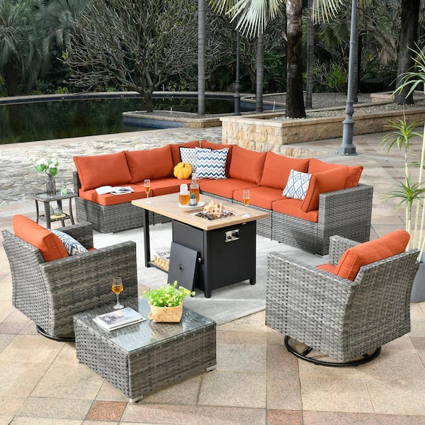 weaxty W Daffodil Gray 11-Piece Wicker Patio Storage Fire Pit Conversation Set with Swivel Rocking Chair and Orange Red Cushions