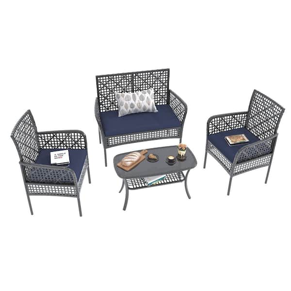 Sudzendf 4-Piece Wicker Patio Conversation Set with Blue Cushions and Glass Coffee Table Suitable for patio, garden, balcony