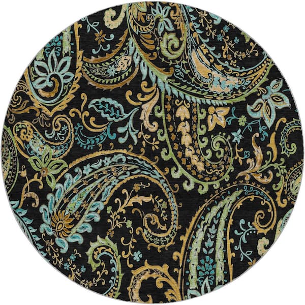 Dream Shag Premium Machine Washable Abstract ADS533 Black 8 ft. x 8 ft. Round Rug