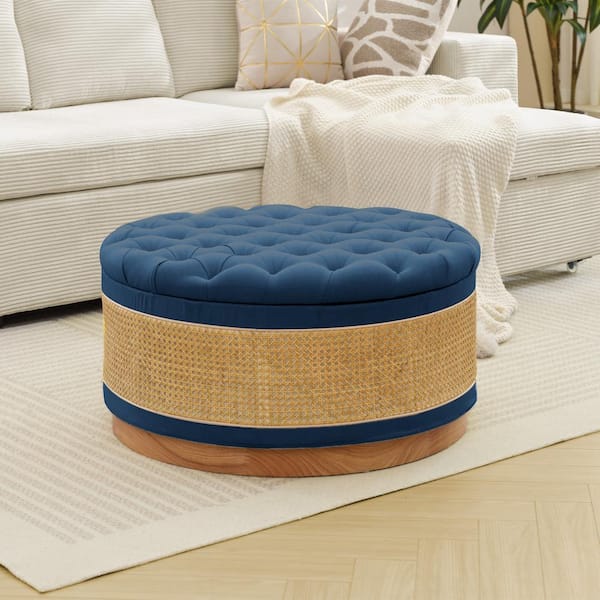 Jearey Navy Linen Tufted Rattan Round Storage Ottoman For Bedroom And ...