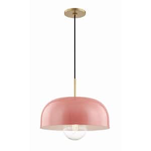 Avery 1-Light 14 in. W Aged Brass Pendant with Pink Metal Shade