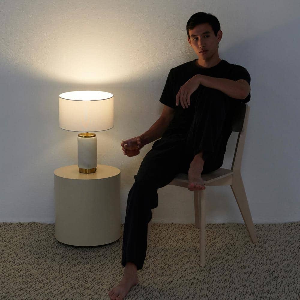 White Marble LED Table Lamp with USB Port and Brass Accents