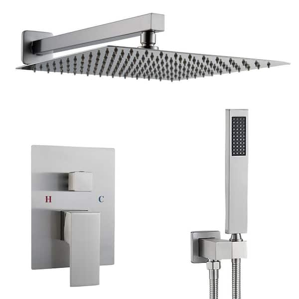 Rainfall 1-Spray Square 12 in. Modern Shower System Shower Head with Handheld in Brushed Nickel (Valve Included)