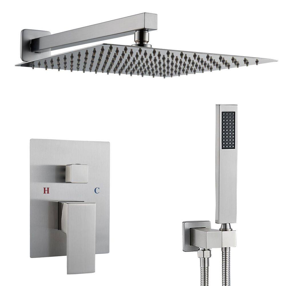 Rainfall 1-Spray Square 12 in. Modern Shower System Shower Head with Handhe