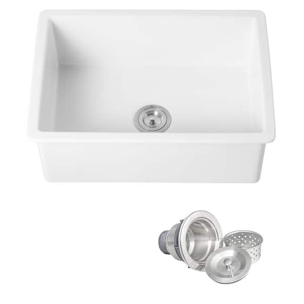 White Fireclay 27 in. Single Bowl Undermount Kitchen Sink with Basket Strainer