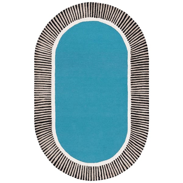 Fifth Avenue 5 ft. x 8 ft. Blue/Black Striped Border Solid Oval Area Rug