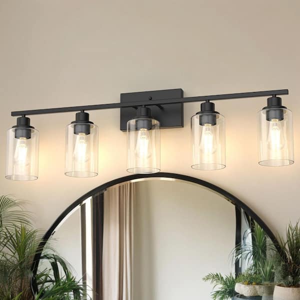 35 in. Industrial 5-Light Matte Black Farmhouse Vanity Light with Glass Shades for Bathroom