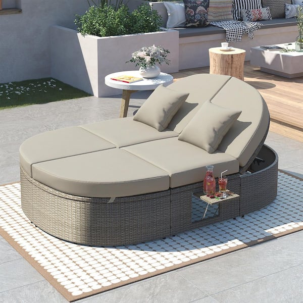 Outdoor Sun Bed Patio, 1-Piece Wicker Outdoor Day Bed with Cushions and Pillows, Gray