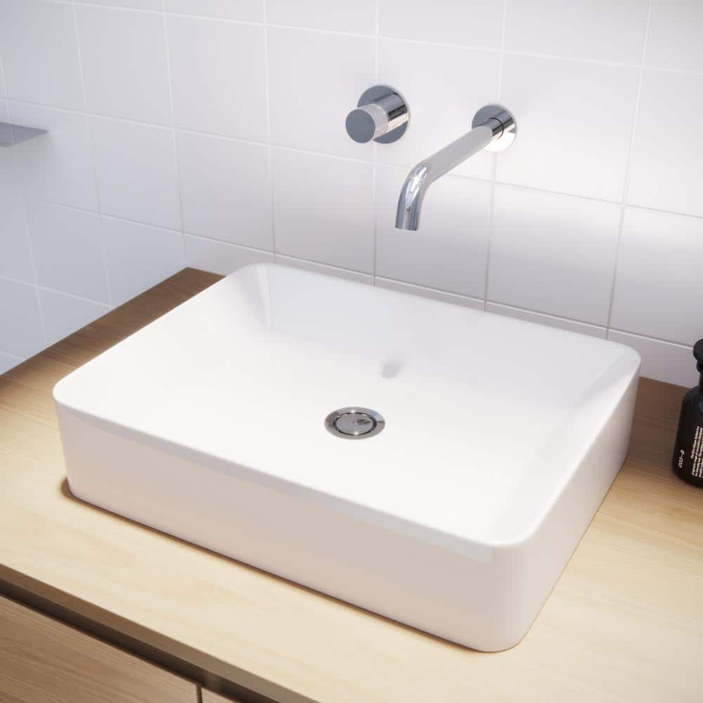 Glossy White Ceramic Rectangular Above-Counter Vessel Sink